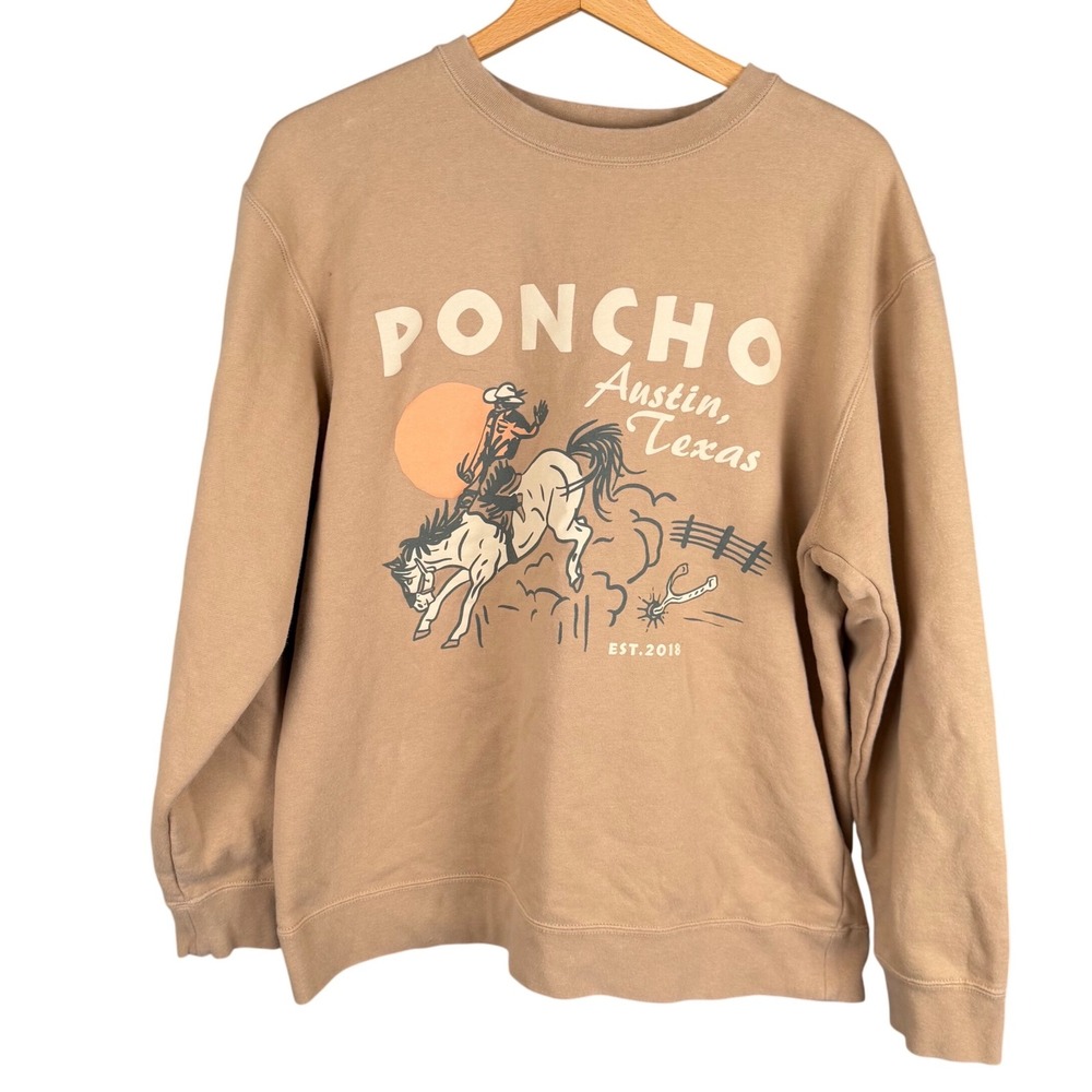 Poncho Austin Texas Bucking Bronco Graphic Sweatshirt Tan Mens XL